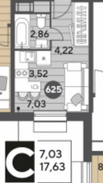 Квартира студия, 17.63 м²
